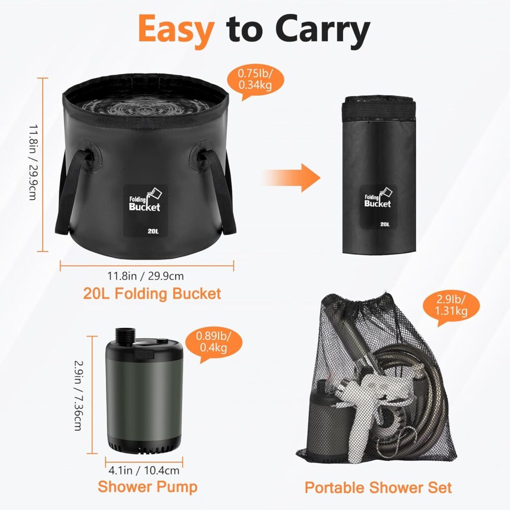 Catlyn Portable Camping Outdoor Shower Kit with 20L Collapsible Bucket 10000mAH Rechargeable Electric Intelligent Digital Display Shower Pump for Outside Hiking Dog Bath Beach Traveling (Grey)