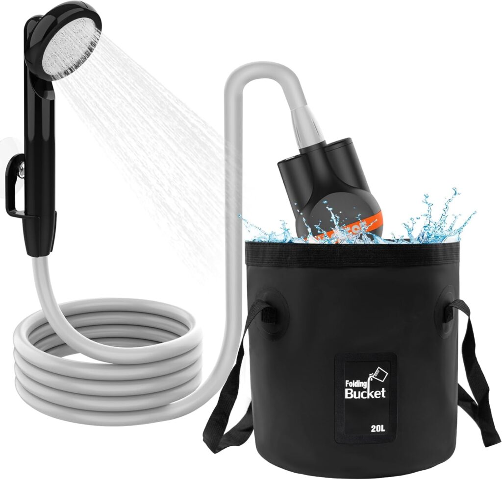 Portable Shower Camping Shower, Outdoor Camp Shower Pump with 5 Gallons Collapsible Bucket, Rechargeable Shower Battery Powered Handheld Shower Head kit for Camping, Beach Washing, Pet Cleaning