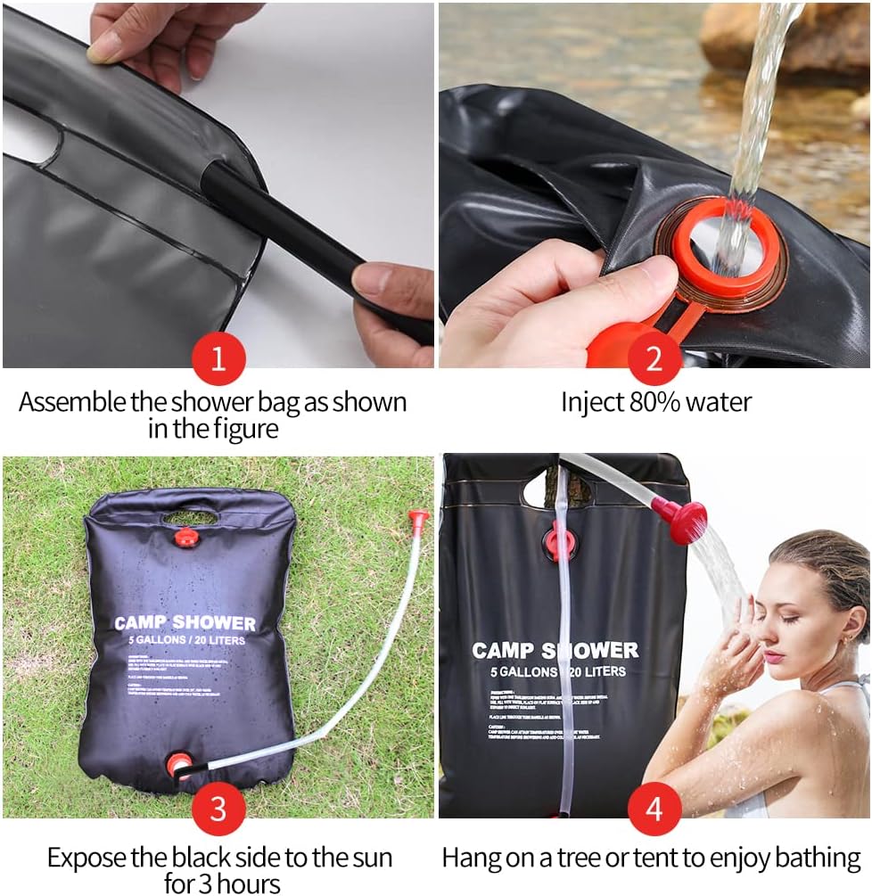 Solar Shower Bag, 1/2/4 Pack 5 Gallons/20L Camping Shower Bag, Portable Shower Bag with Removable Hose and On-Off Switchable Shower Head for Camping Beach Swimming Outdoor Traveling